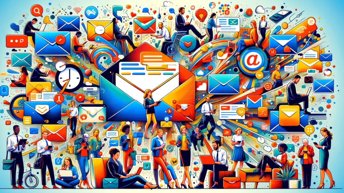 People using devices surrounded by email-related icons