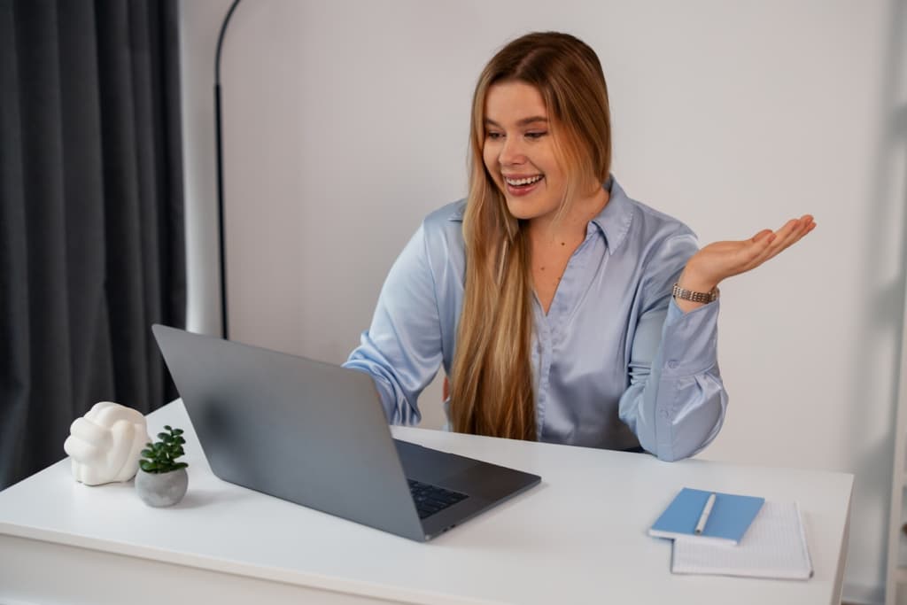 Girl communicates via laptop