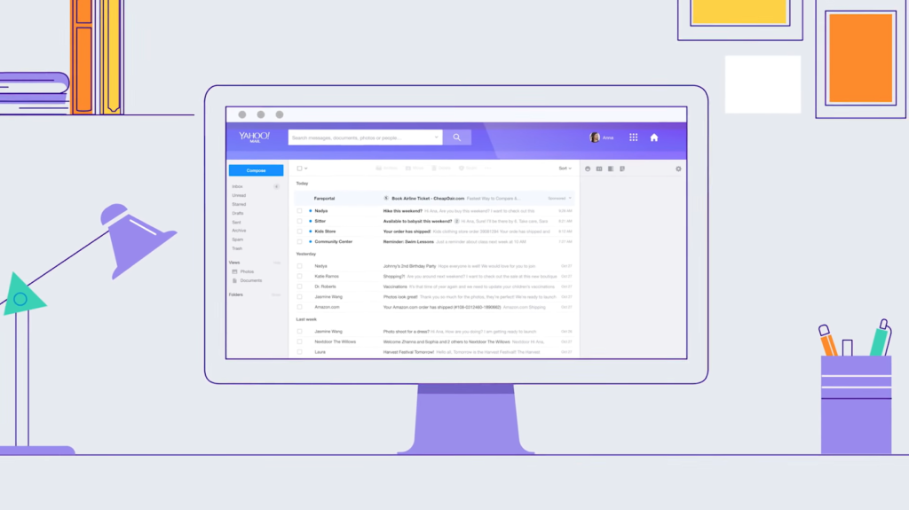 A stylized Yahoo Mail inbox interface on a desktop screen