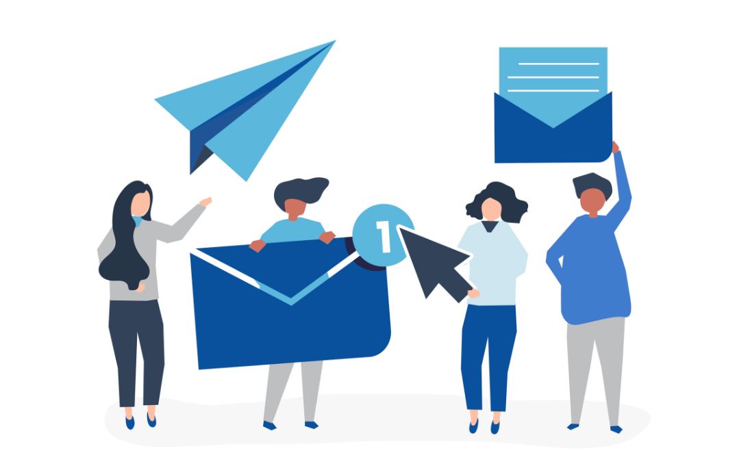 Illustration of four people with oversized email symbols, sharing ideas