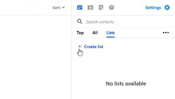 Screenshot showing the 'Create list' option in Yahoo Mail's contact list