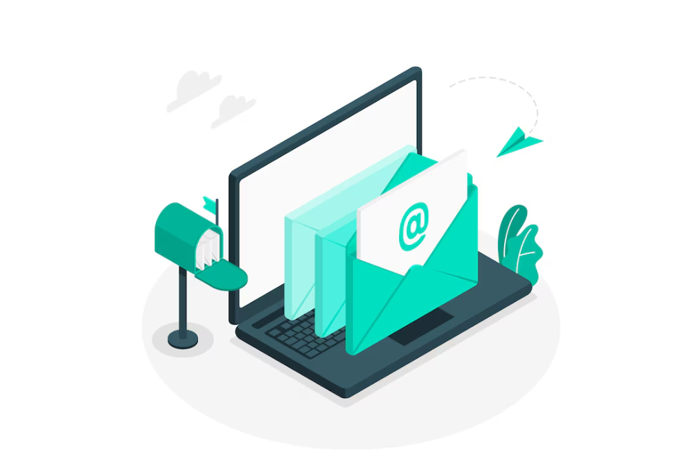 Isometric illustration of an envelope emerging from a laptop with a mailbox