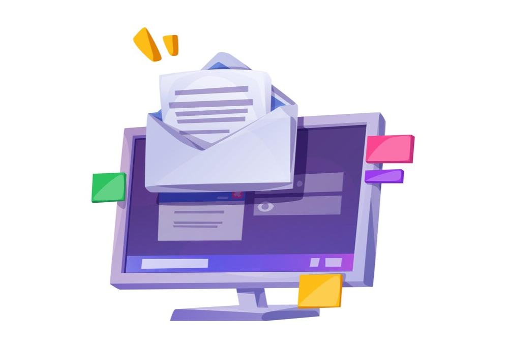 Stylized graphic of a computer overflowing with emails and colorful sticky notes