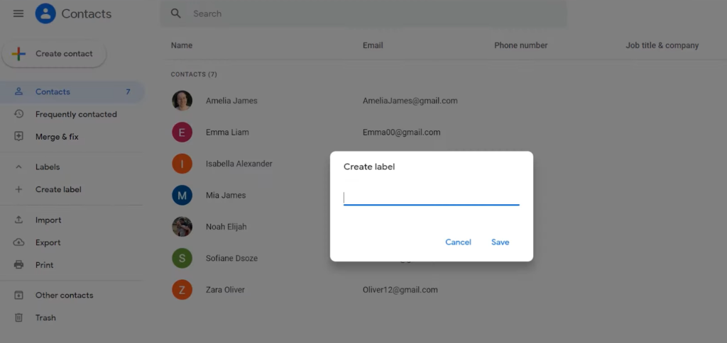 Email contact list with an open dialog box to create a label