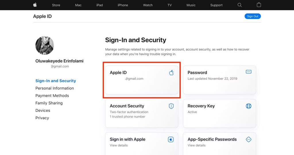 Apple ID page