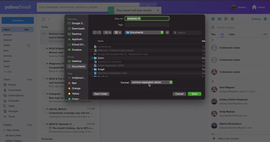 A screenshot showing the process of exporting contacts to a CSV file in Yahoo Mail